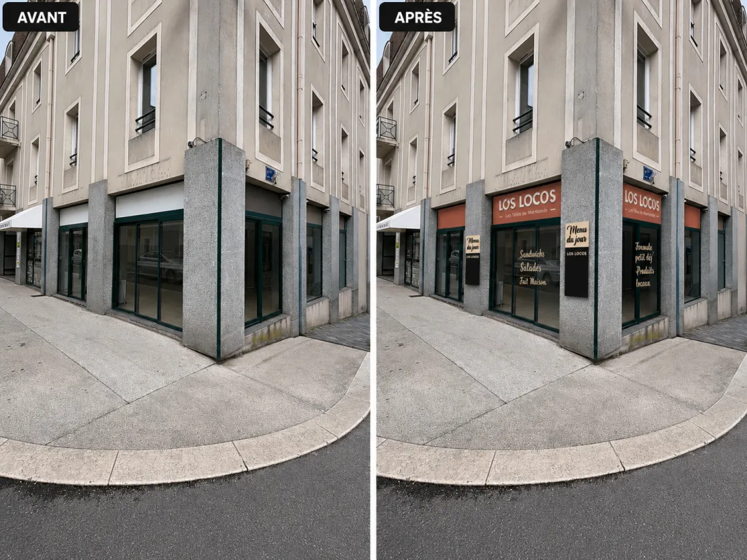 Comparaison de la façade du local avant et après l’installation de l’enseigne Los Locos